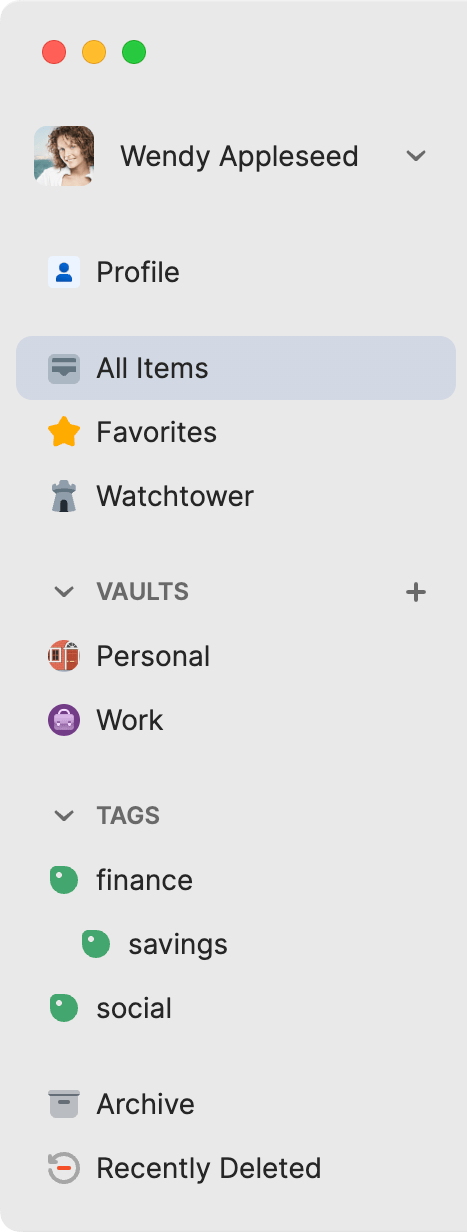 Interface 1Password pour Mac avec coffres et catégories