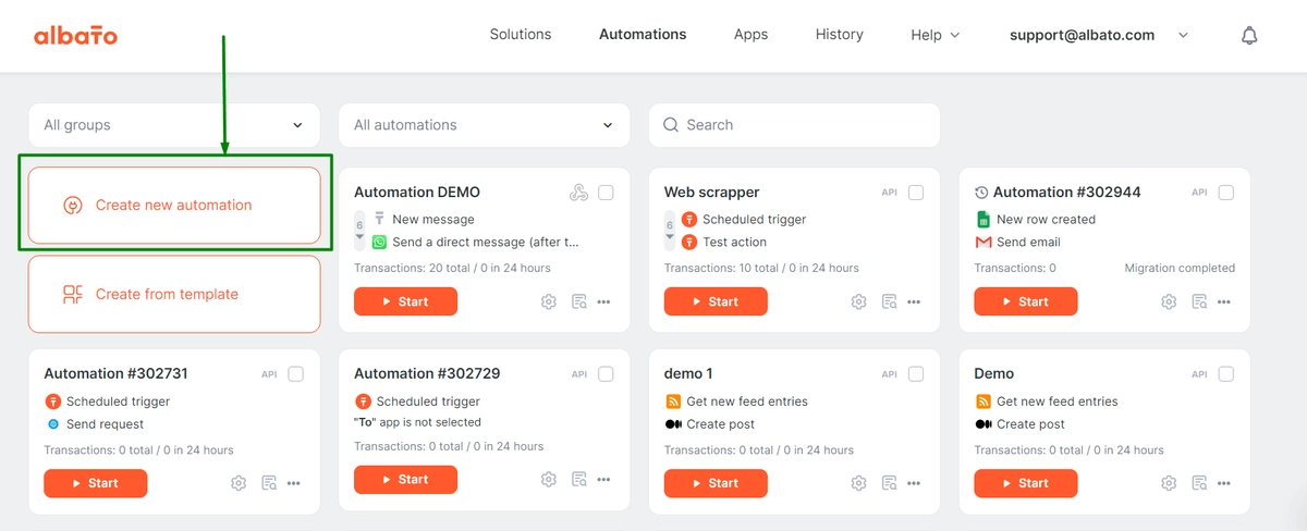 Interface Albato pour créer une nouvelle automatisation