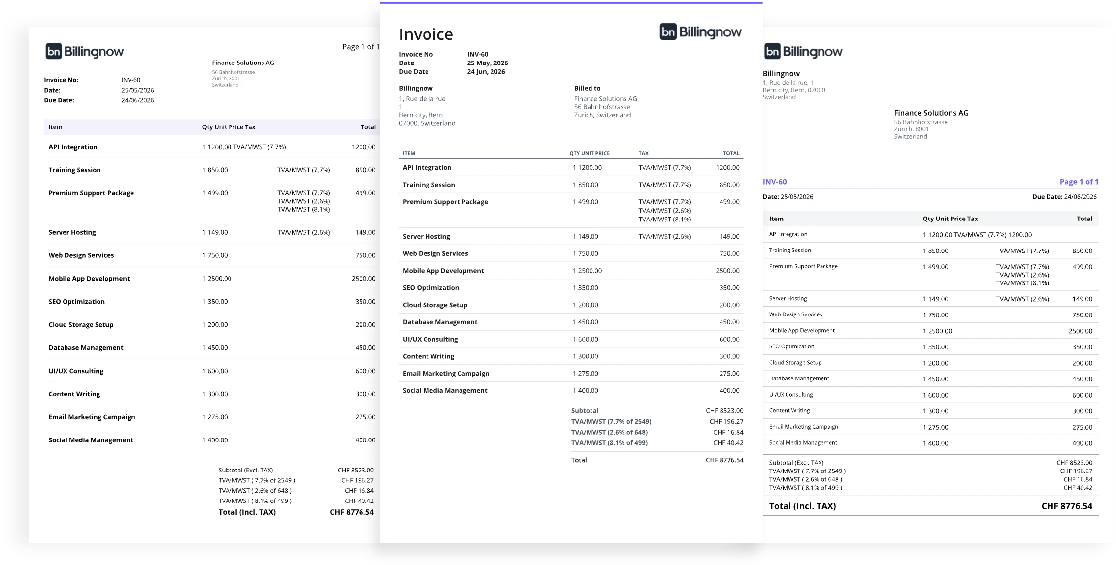 Interface Billing Now affichant la gestion des factures