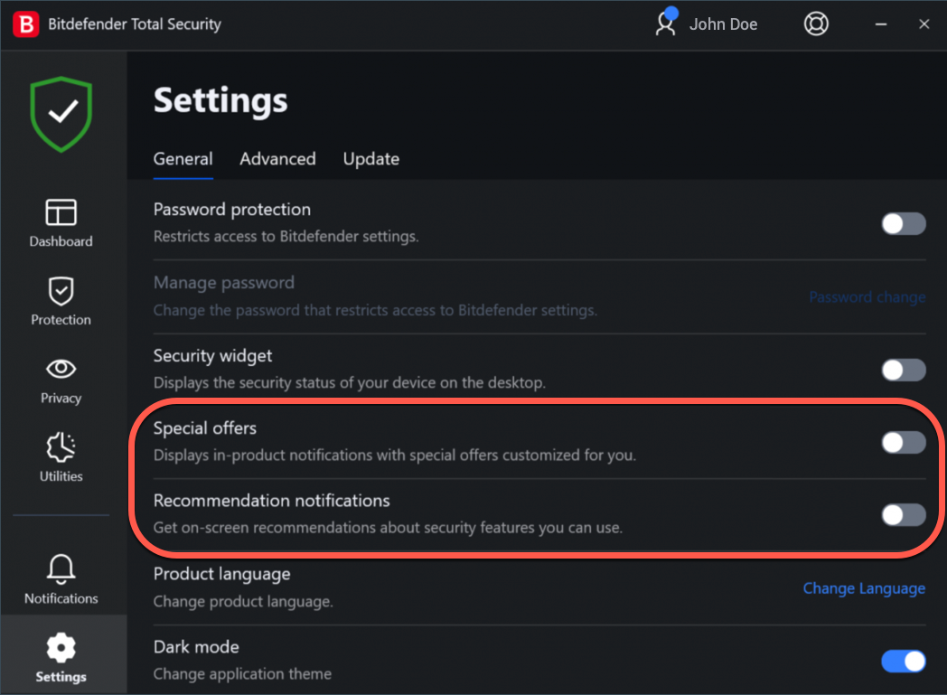 Interface Bitdefender montrant les paramètres de sécurité