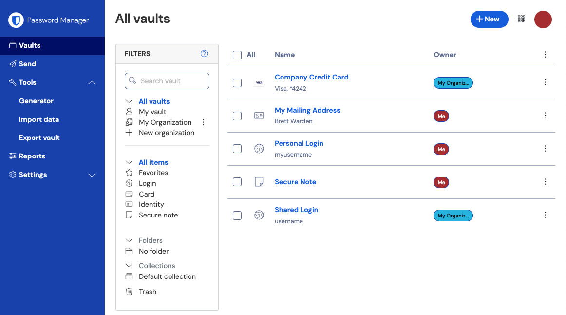 Interface web Bitwarden affichant la vue Tous les coffres