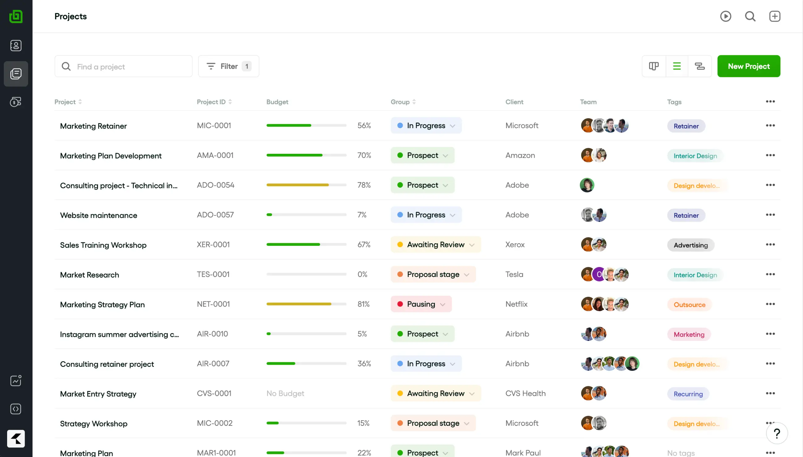 Interface de gestion de projets Bonsai