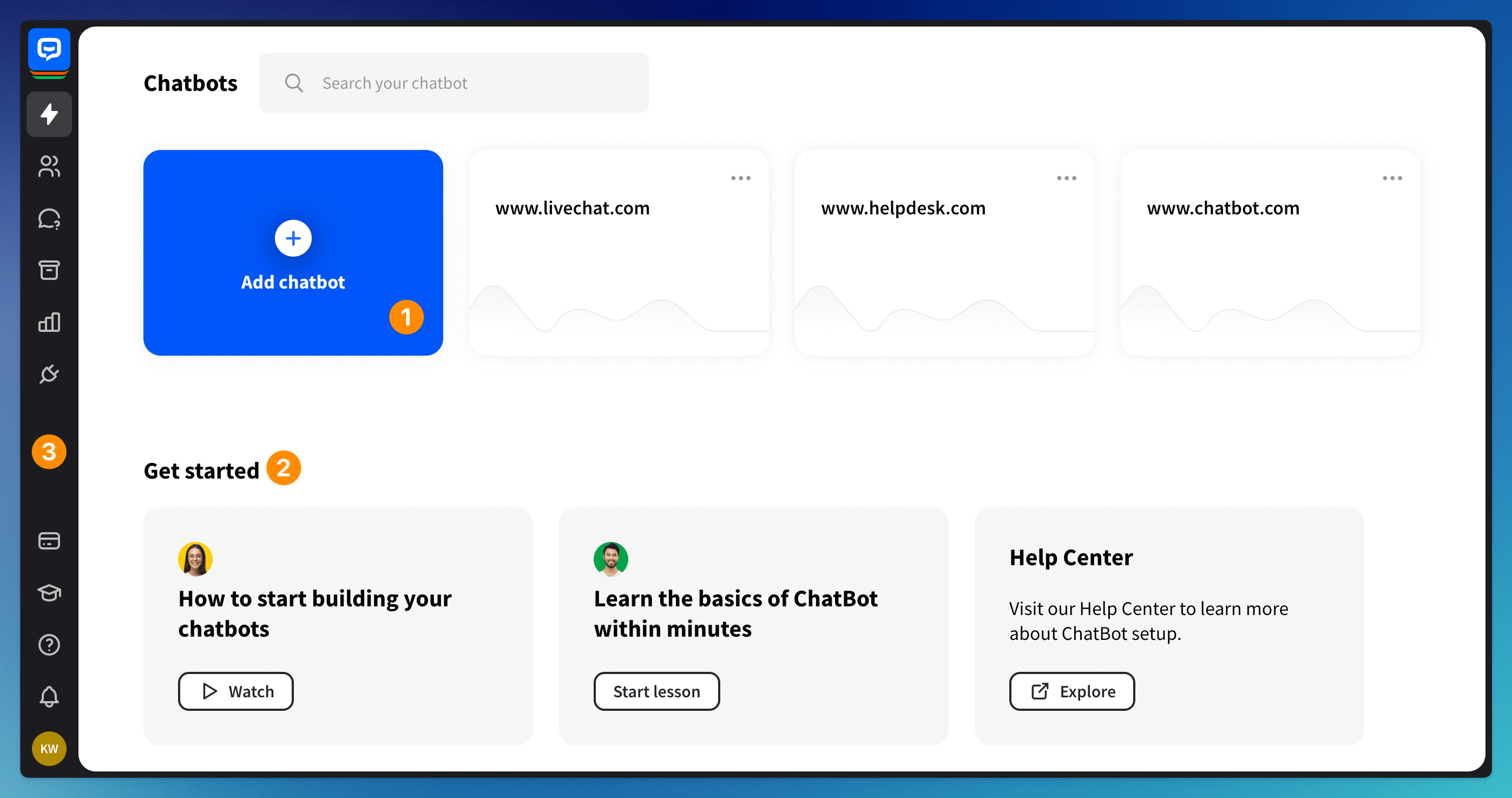 Interface du tableau de bord ChatBot avec navigation et liste des assistants