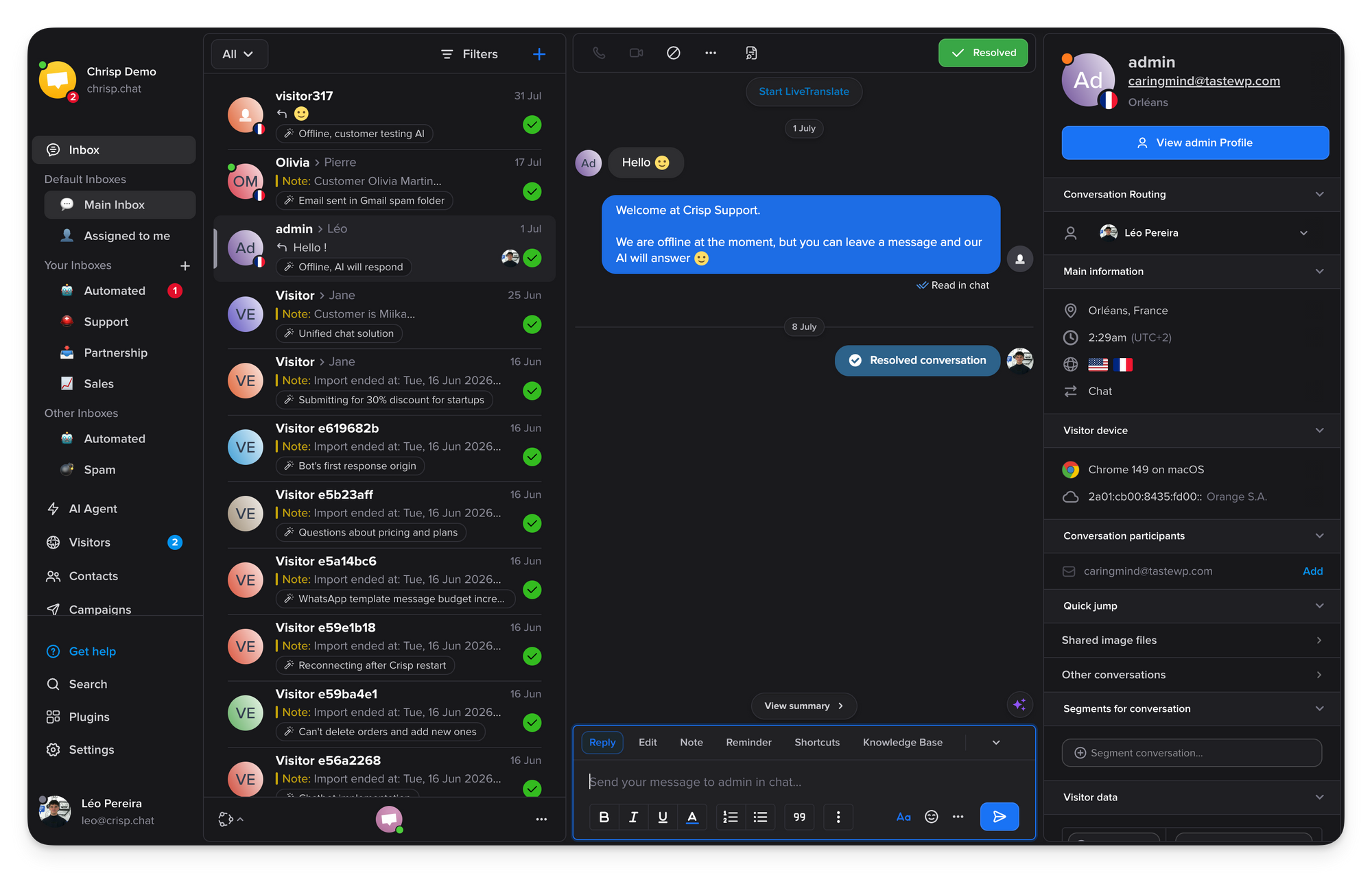 Interface Inbox Crisp en mode sombre