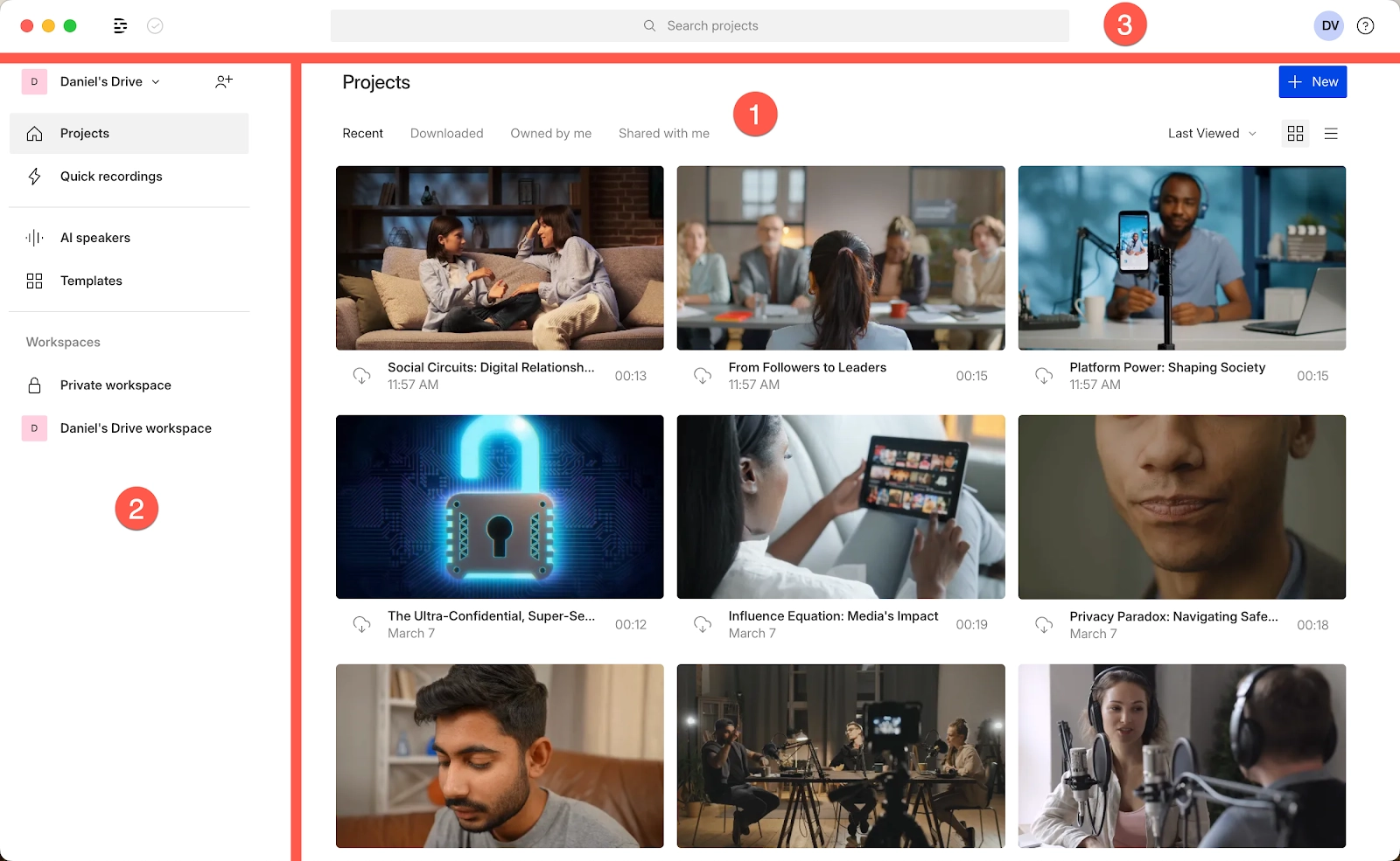 Interface Descript Drive View pour retrouver et organiser les projets audio et vidéo