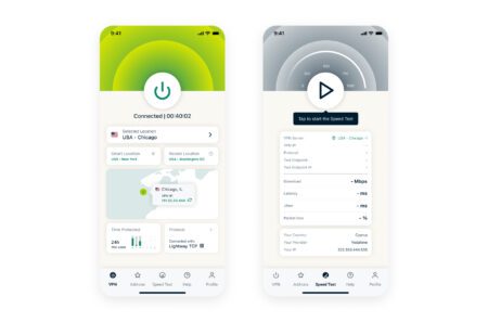 Interface mobile ExpressVPN avec connexion, carte et test de vitesse