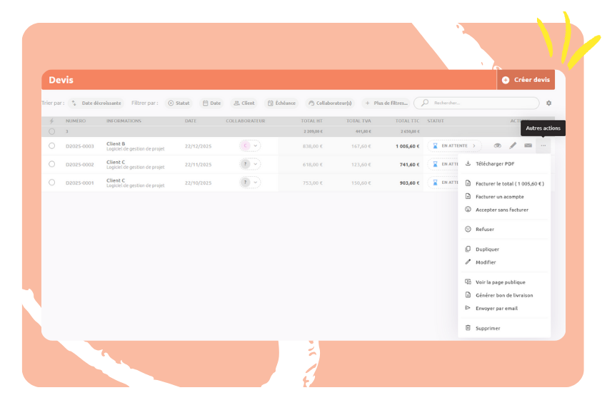 Interface Factomos affichant les devis, leurs statuts et les actions disponibles