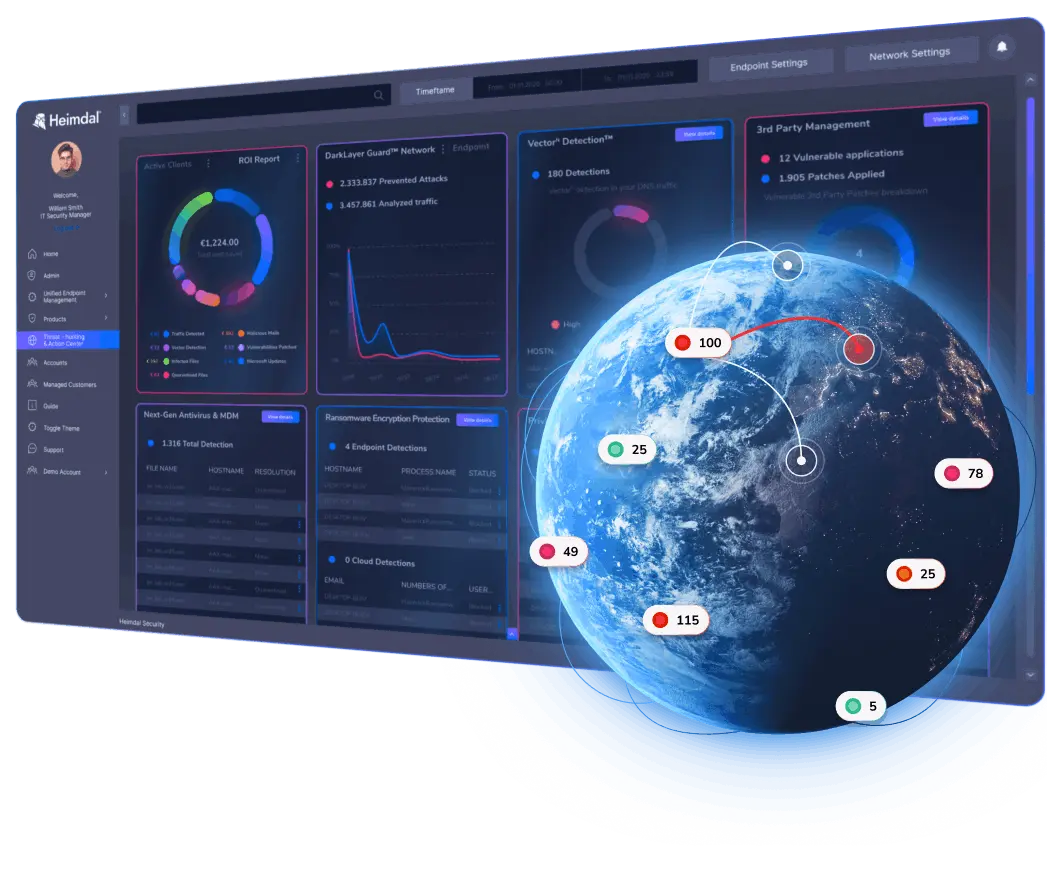 Interface Heimdal Security avec tableau de bord de protection