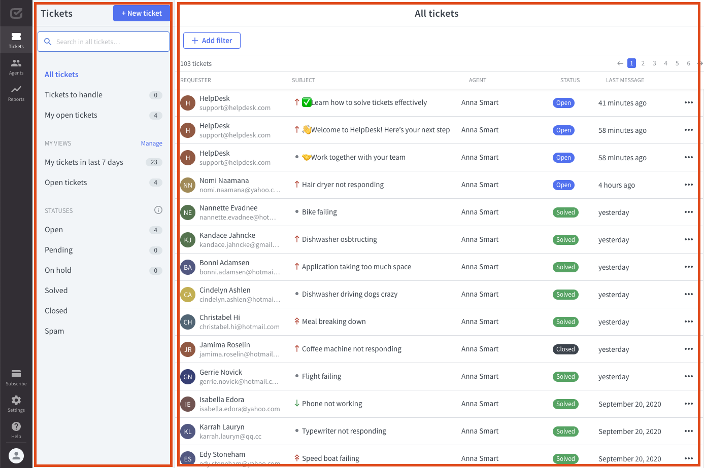 Interface HelpDesk affichant les vues et la liste des tickets