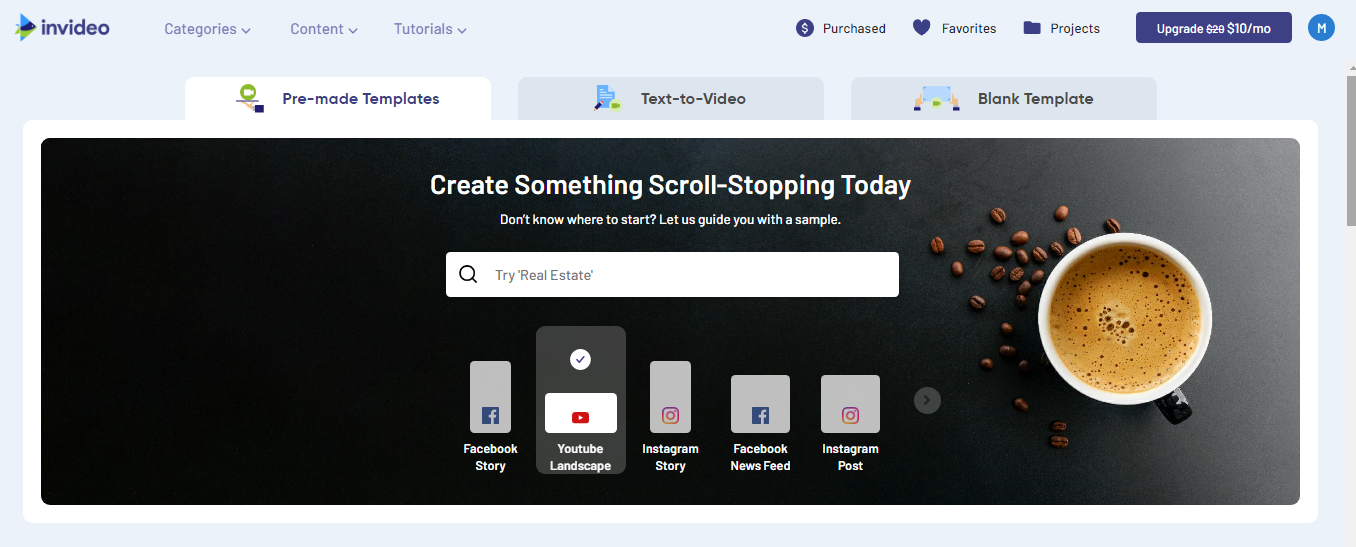 Interface de montage vidéo InVideo avec scène, aperçu et chronologie