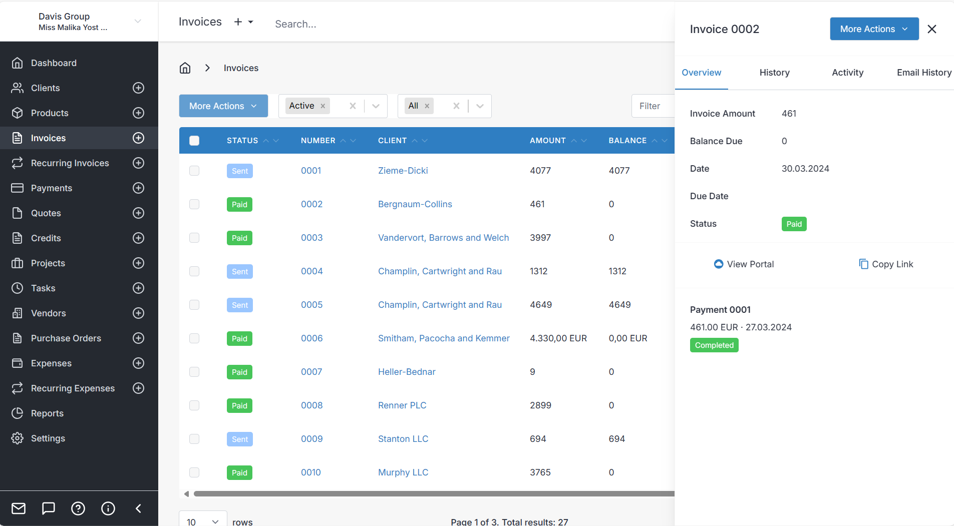 Interface Invoice Ninja avec détail et statut d’une facture