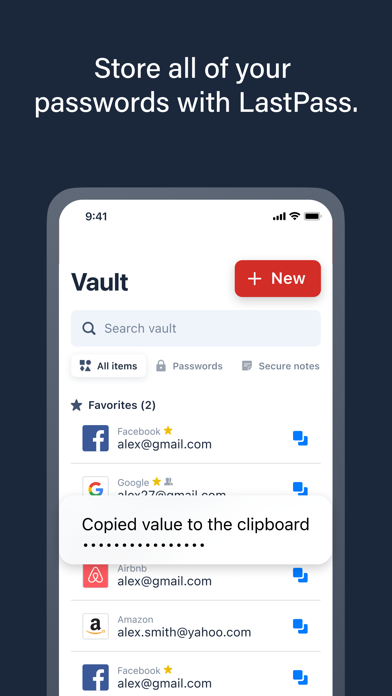 Interface mobile LastPass affichant le coffre de mots de passe