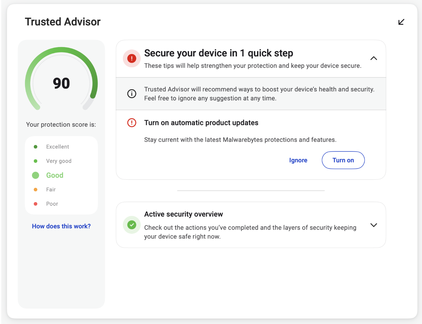 Interface Malwarebytes avec score de protection et recommandations