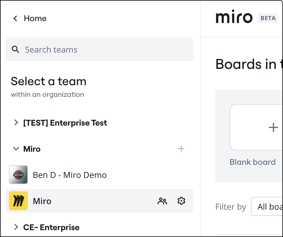 Tableau de bord Miro avec équipes et accès aux boards