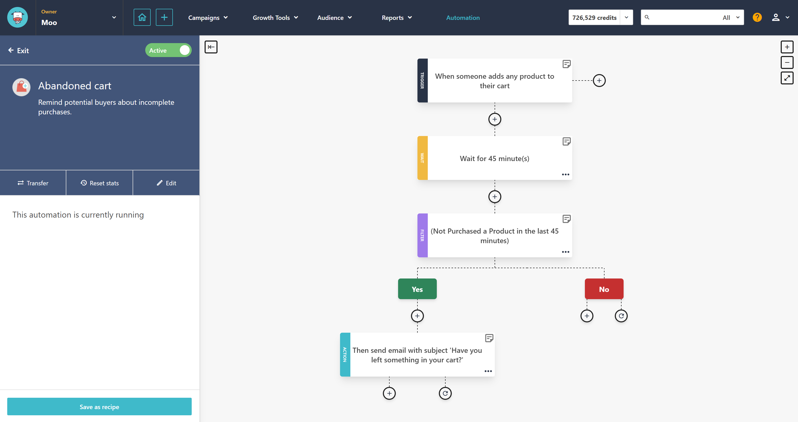 Interface de création d’automatisations Moosend