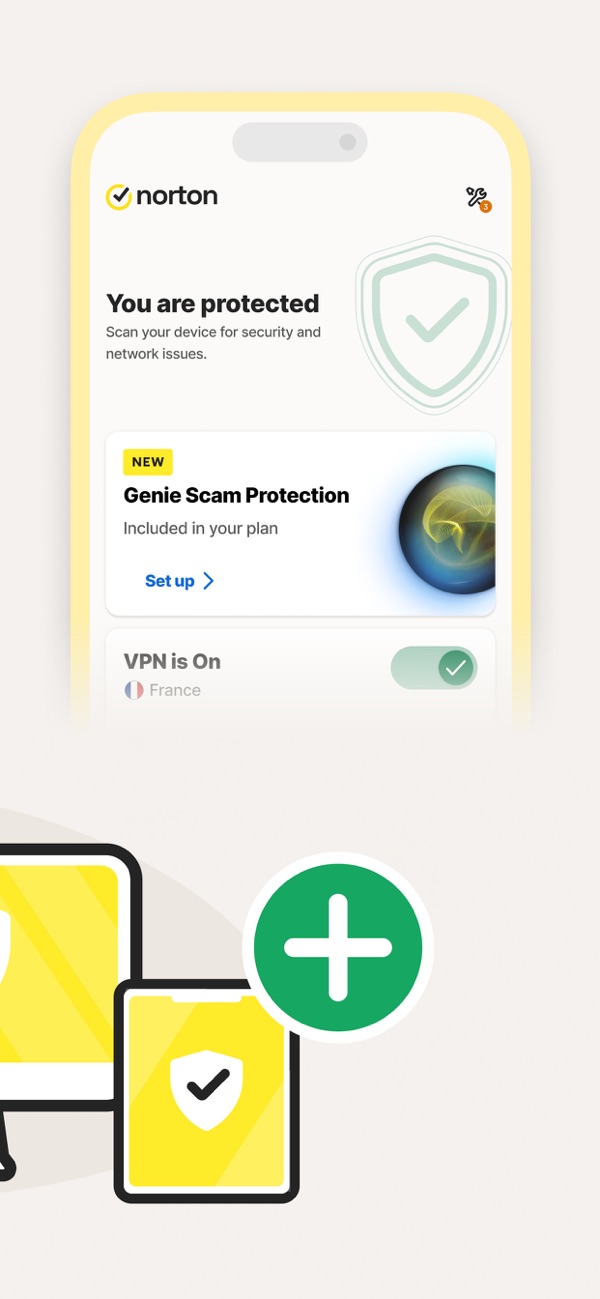 Interface mobile Norton 360 affichant la protection active et le VPN