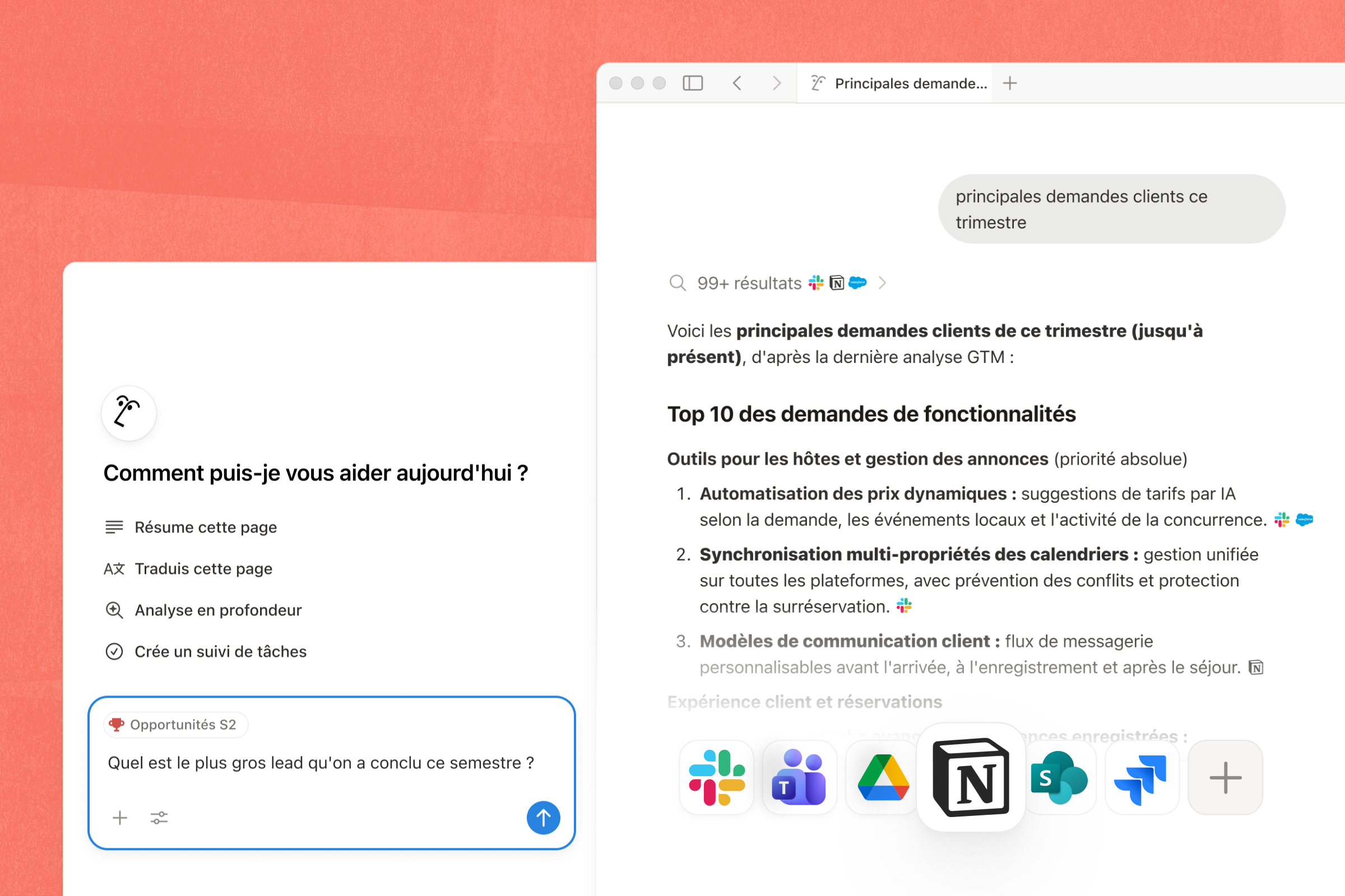 Interface Notion avec navigation, pages et recherche dans l’espace de travail
