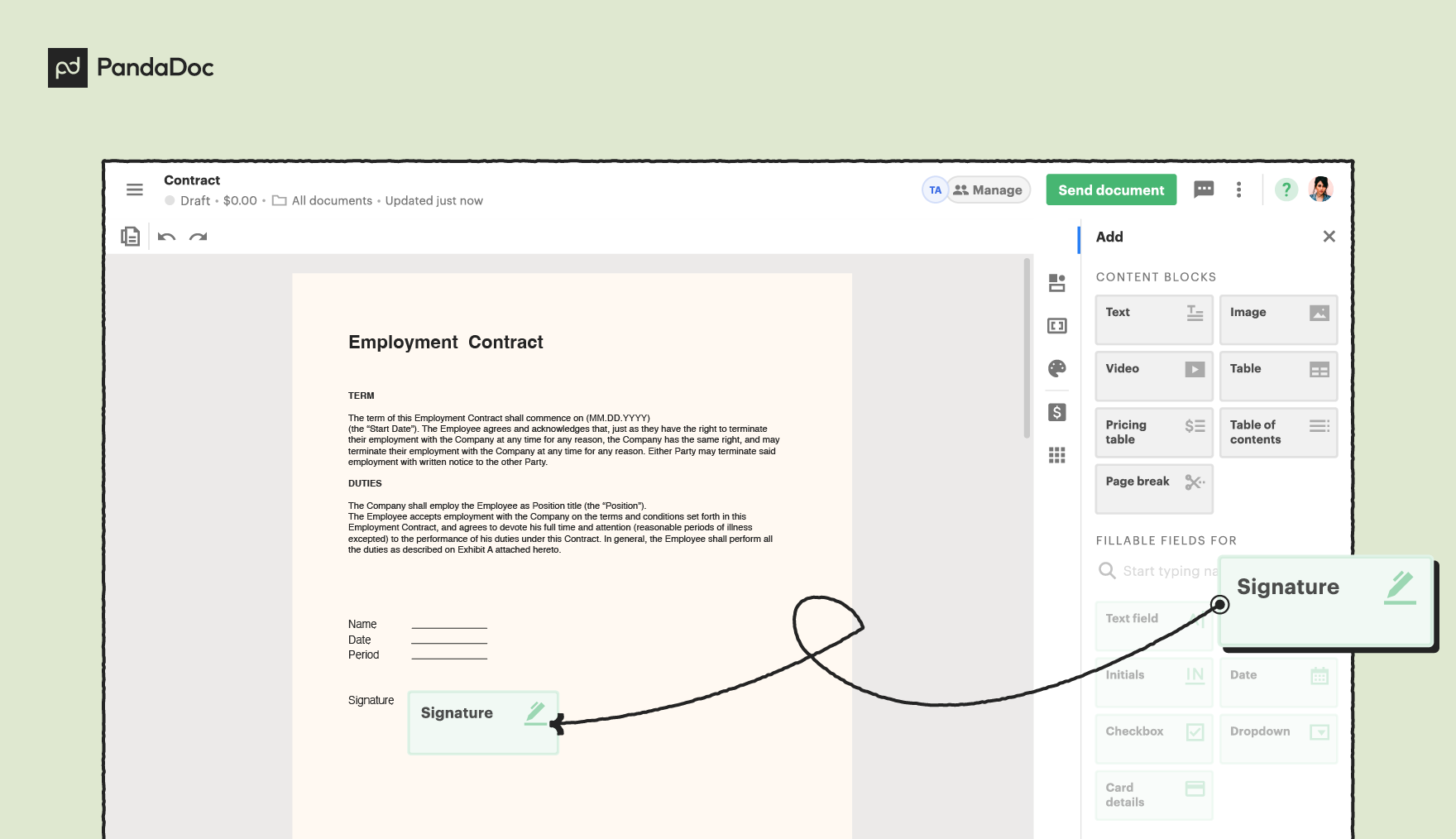 Interface PandaDoc avec document ouvert et champ de signature ajouté dans l’éditeur