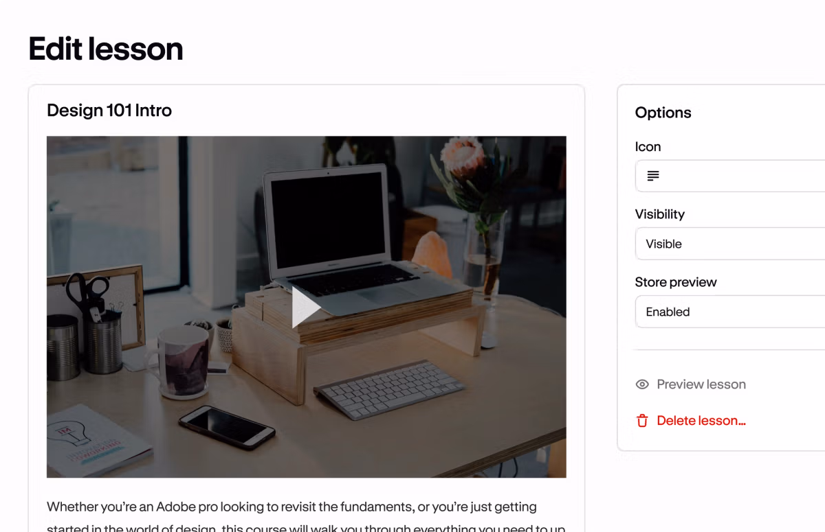 Interface Podia pour éditer une leçon de cours en ligne