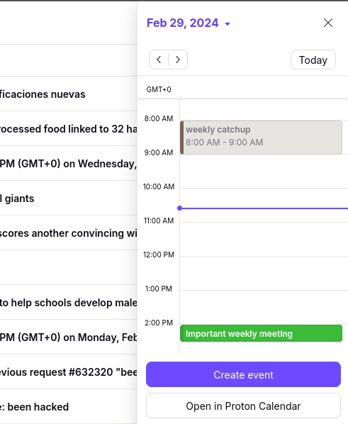 Interface Proton Mail avec Proton Calendar ouvert dans le panneau latéral