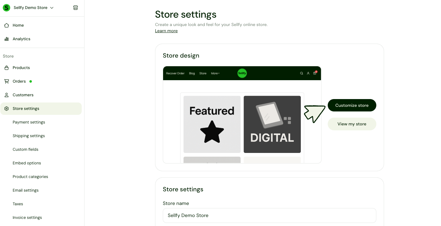 Interface du Store Customizer Sellfy