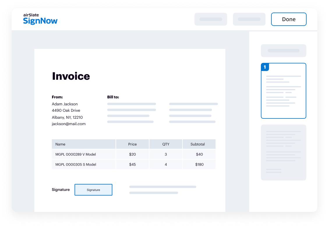 Interface signNow avec document et champs de signature électronique