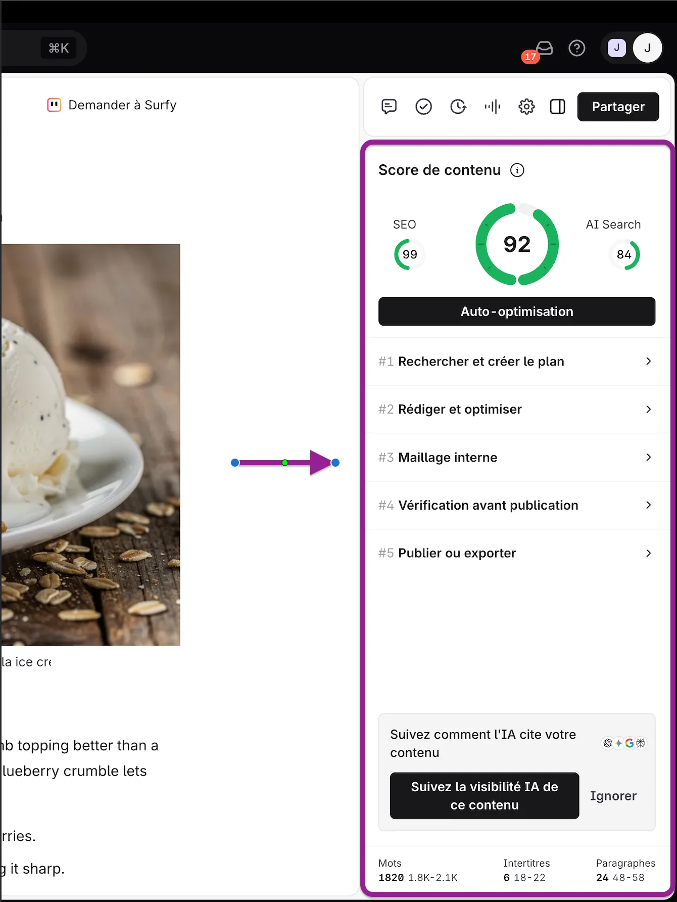 Interface du Content Editor Surfer avec panneau de recommandations