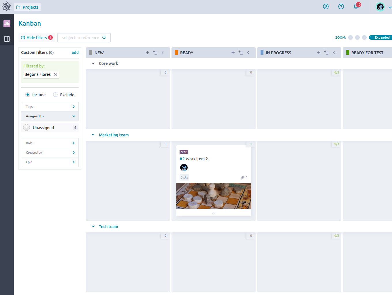 Interface Taiga affichant un tableau Kanban et ses filtres