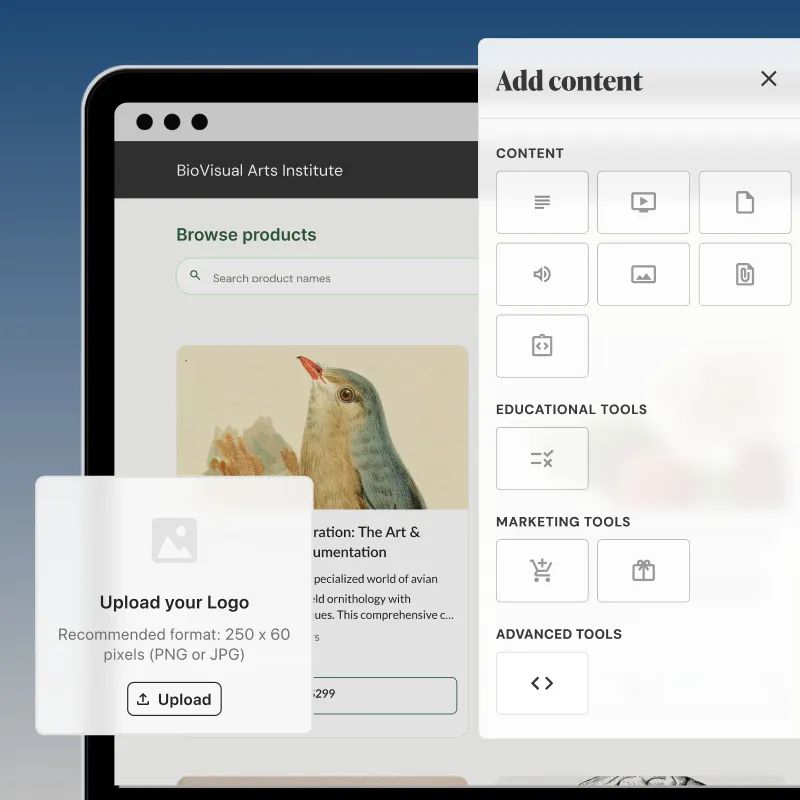 Interface de création de site Teachable avec aperçu de page