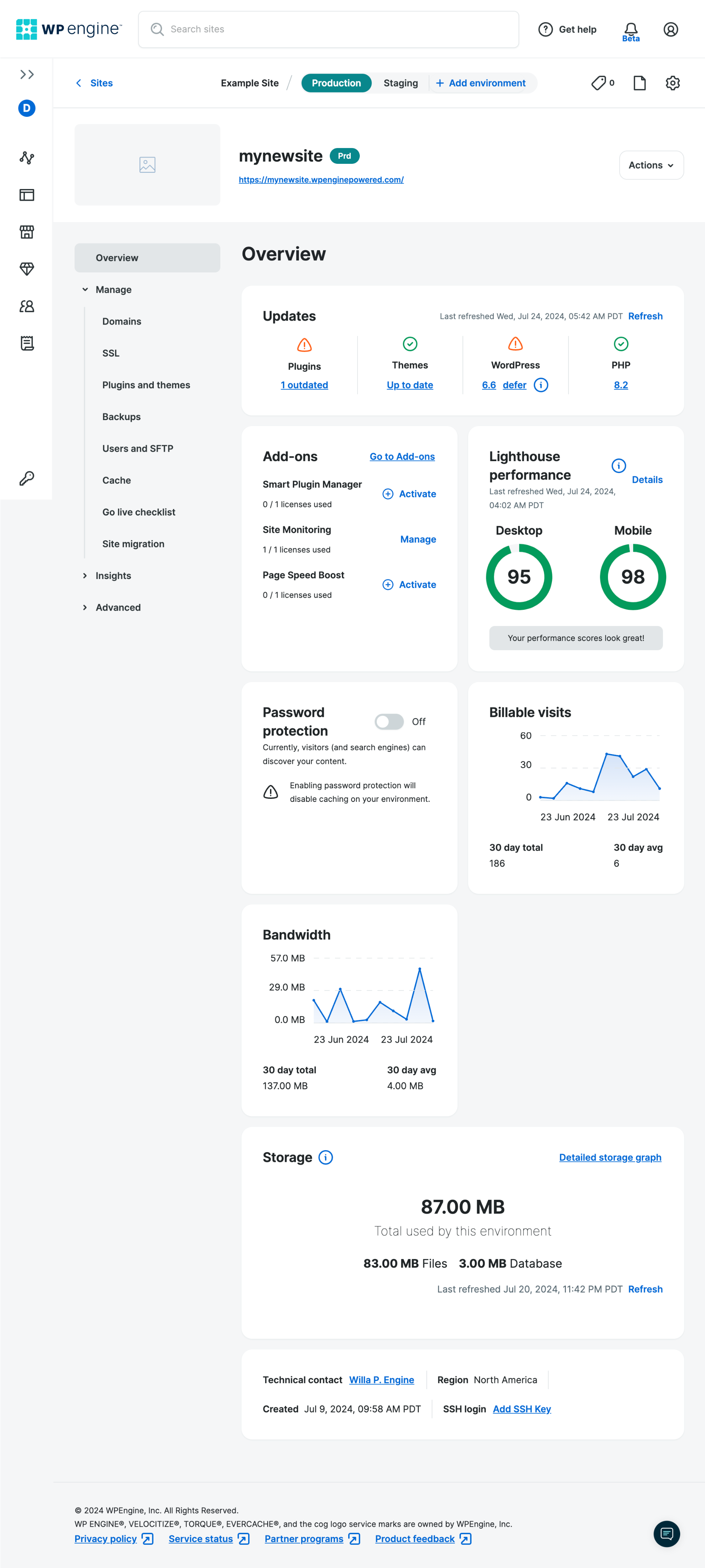 Interface du User Portal WP Engine avec vue d’ensemble d’un environnement