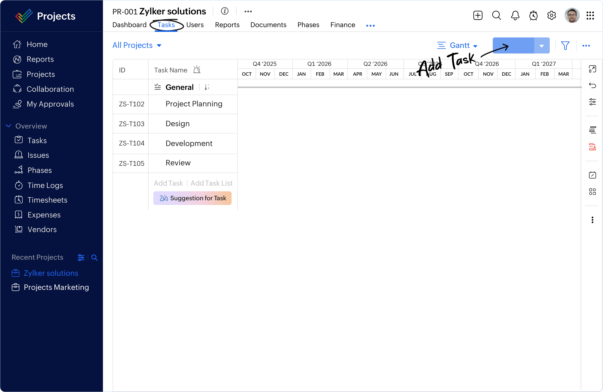 Interface Zoho Projects avec tâches, calendrier et suivi d’avancement