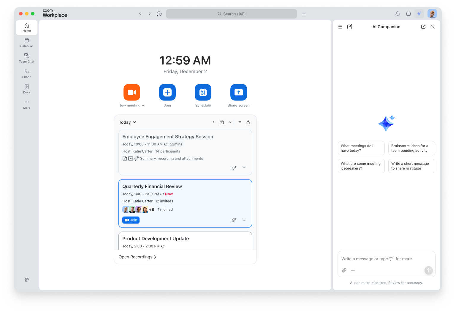 Interface Zoom Workplace avec navigation et AI Companion